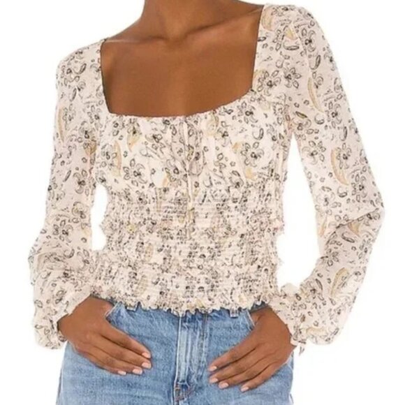 Free People | Printed Lolita Chiffon Blouse Top in Light Combo Ivory | Medium - Picture 1 of 13